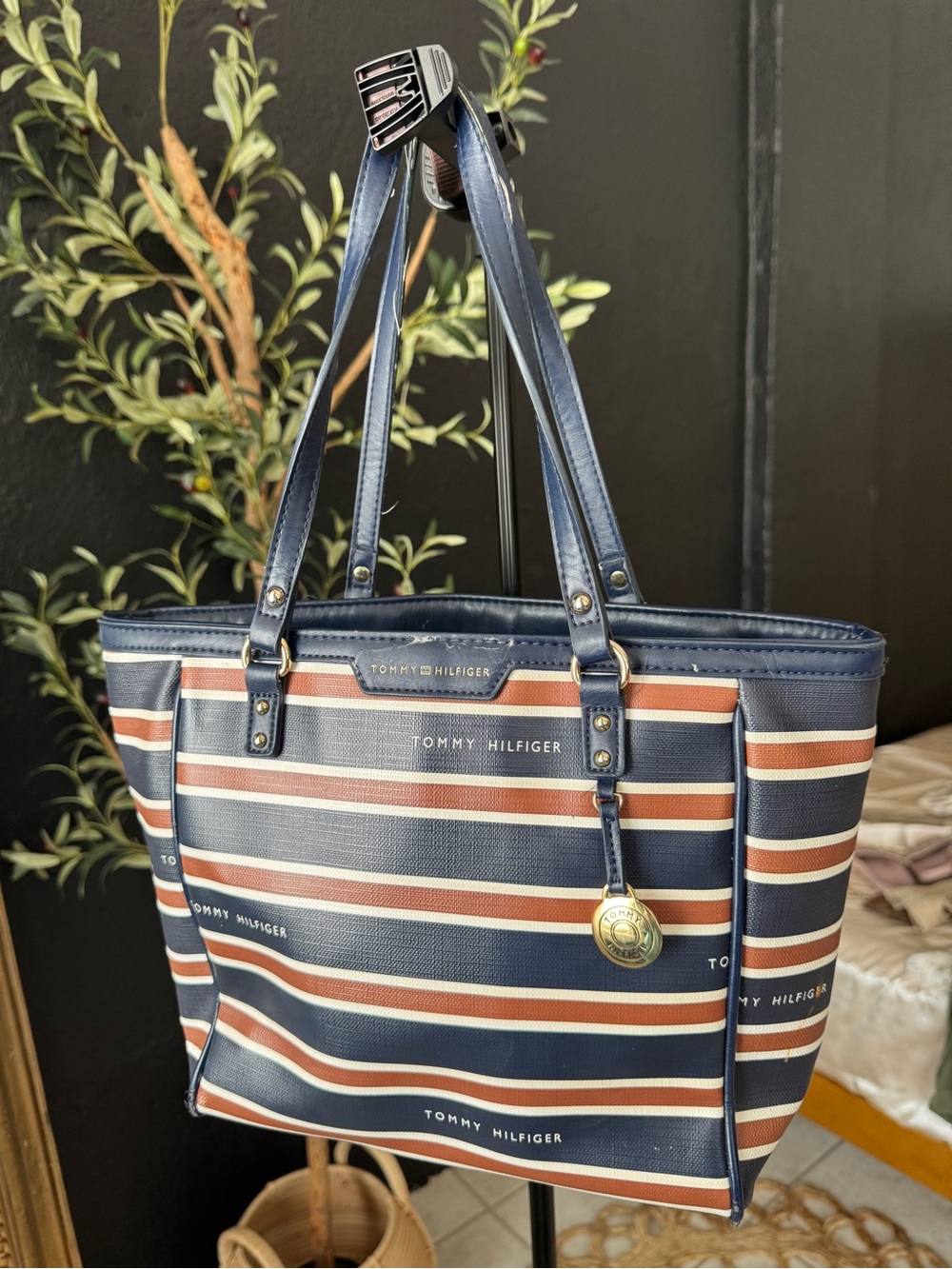 Tommy Hilfiger Navy, Brown and White Striped Tote
